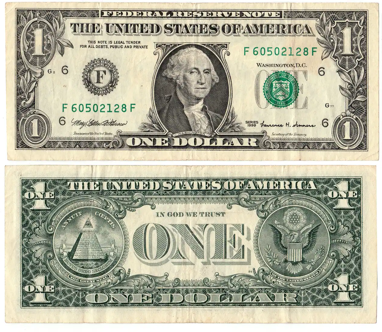 Reference photograph of one-dollar United States banknotes