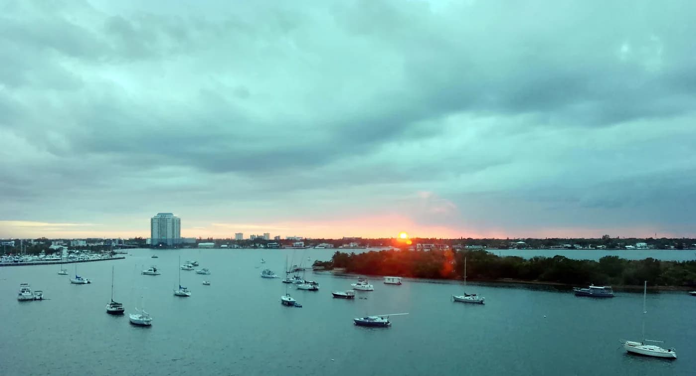 Sunset over Biscayne Bay, shown as a waterfront travel reference