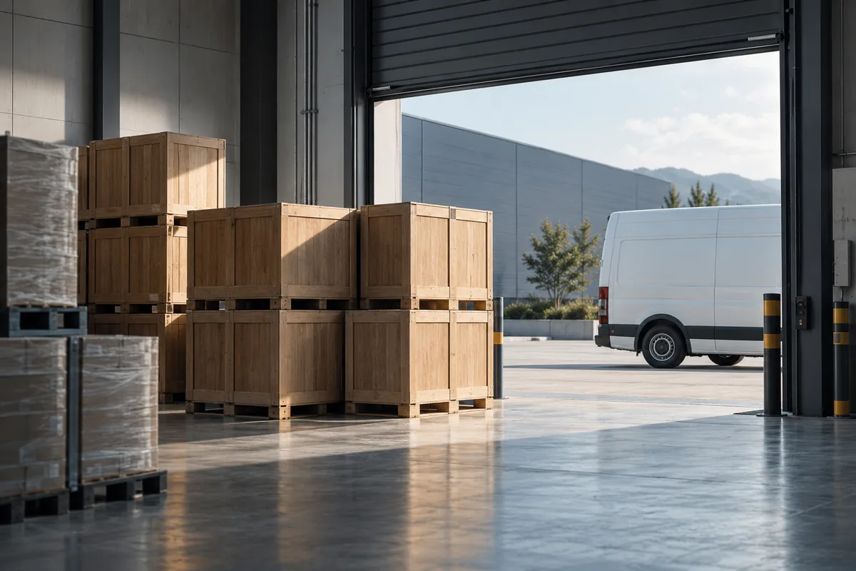 Unbranded delivery crates beside a modern loading bay
