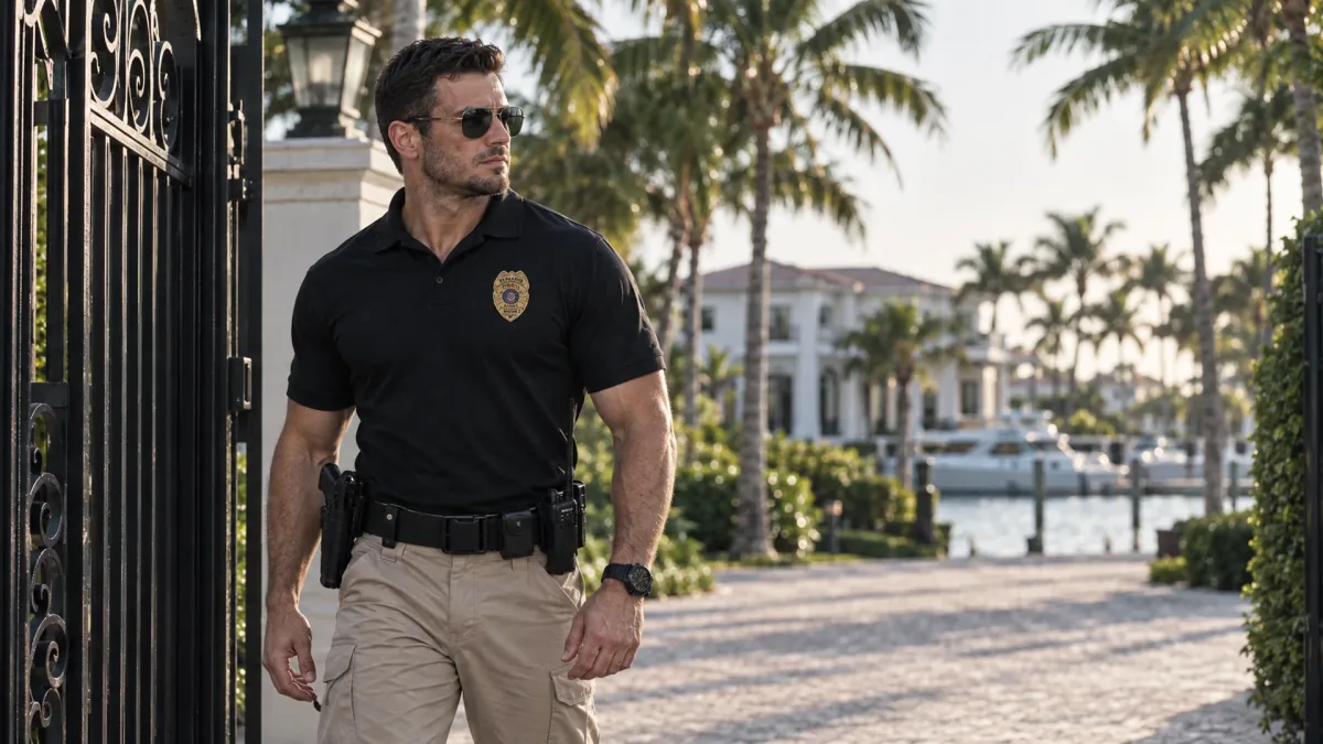 Security officer at a waterfront estate entrance in FSO Guard company imagery