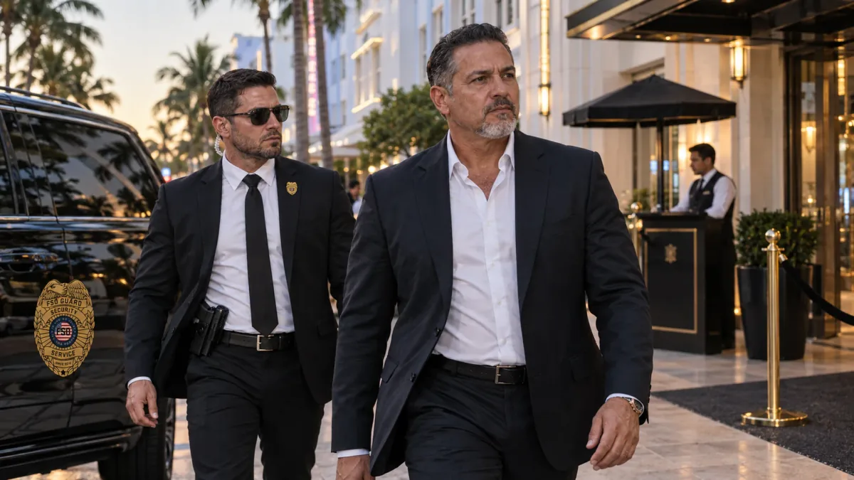 Protection agent and guest outside a hotel in FSO Guard company imagery