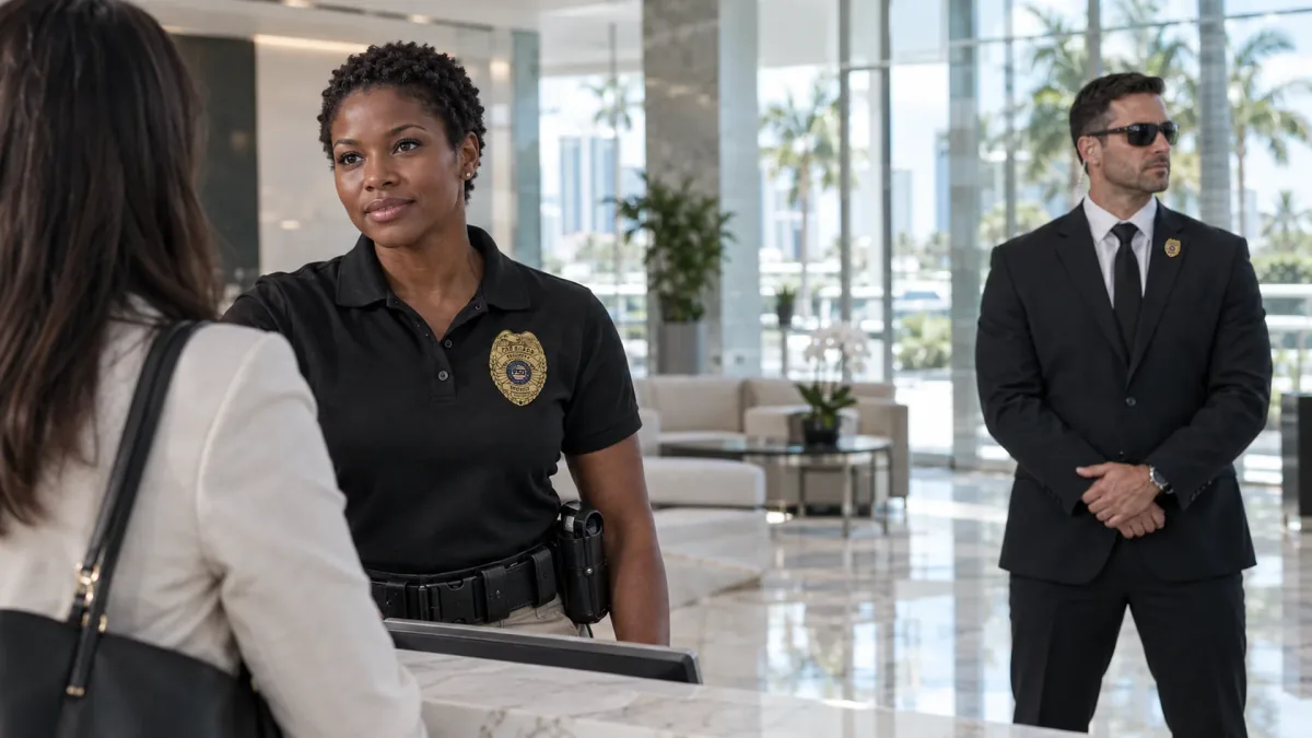 Security officer in an office lobby in FSO Guard company imagery