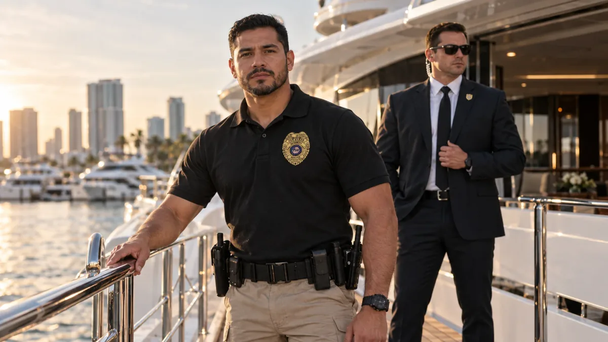 Security officer beside yachts in FSO Guard company imagery