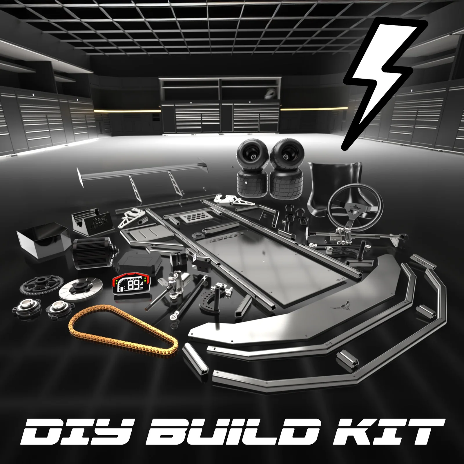 Componentes del kit Hawk V3 Electric alrededor del bastidor del kart en la imagen del catálogo de GoKartGod