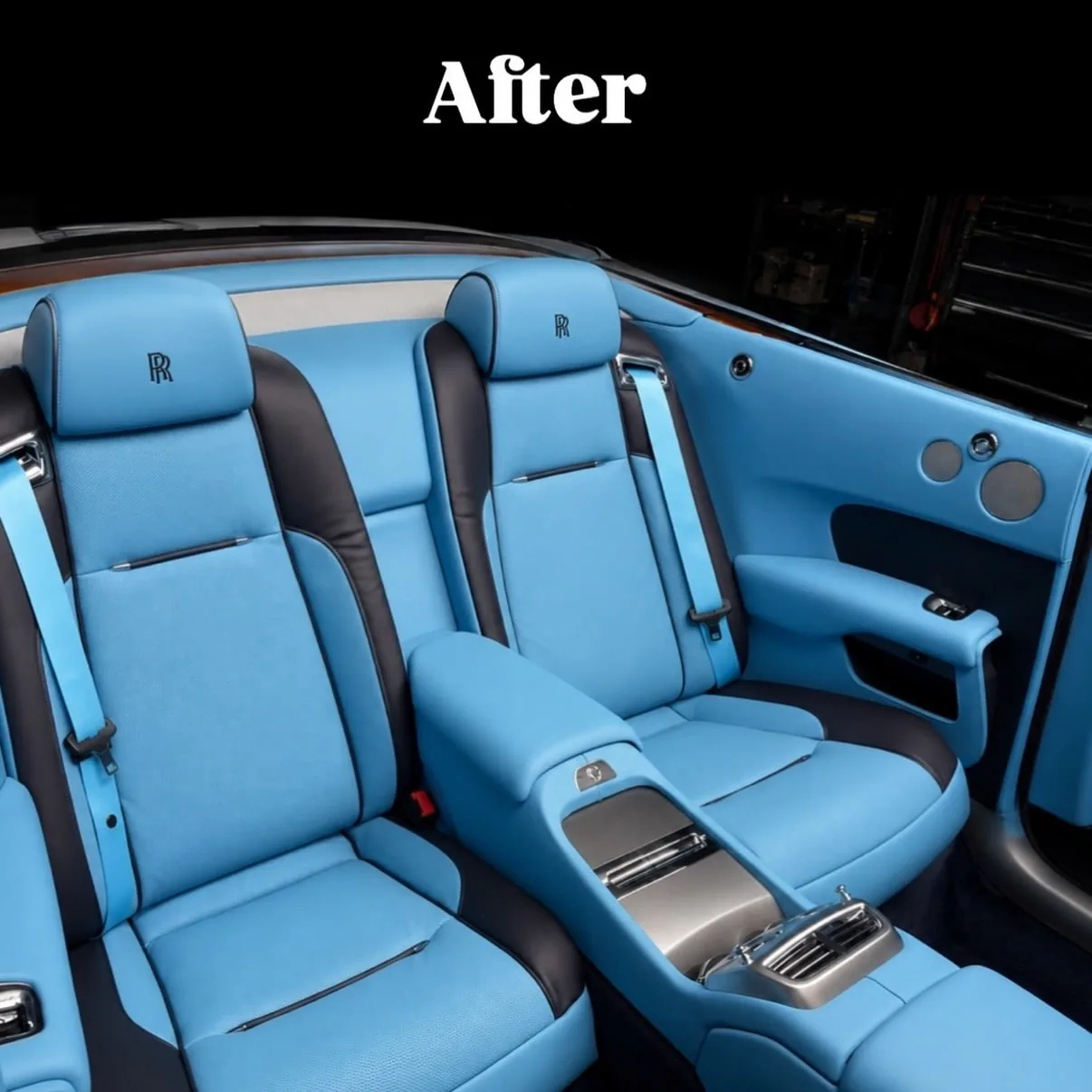 Blue leather rear seats and matching door upholstery in a Motenza Rolls-Royce project