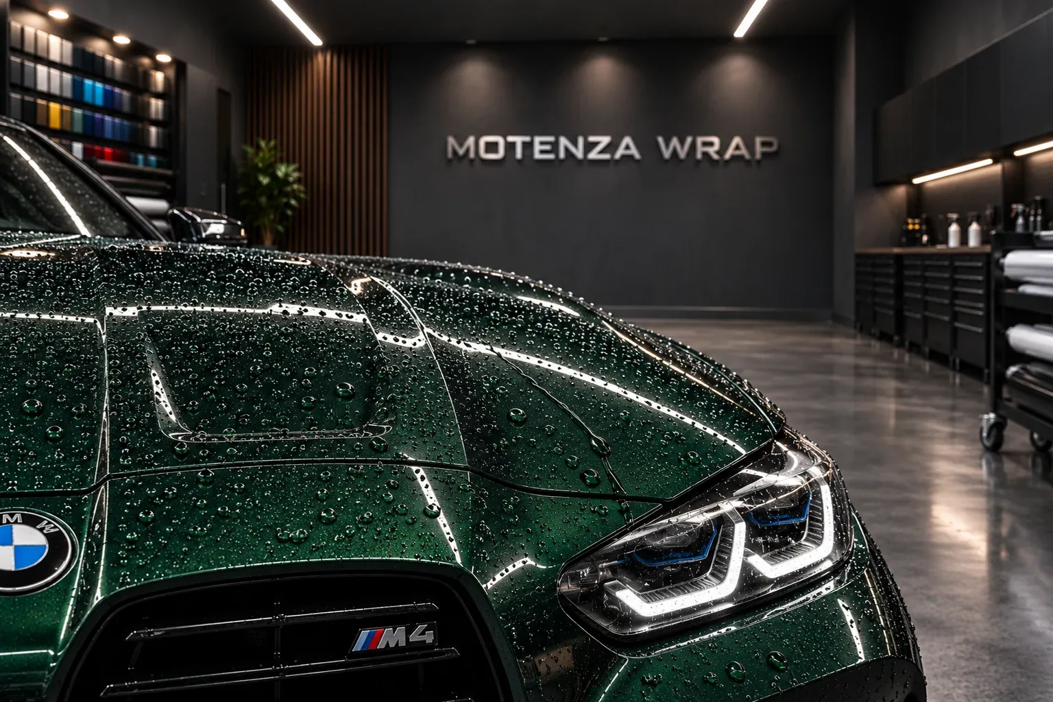 Water droplets on a deep-green BMW hood in Motenza Wrap’s ceramic coating imagery