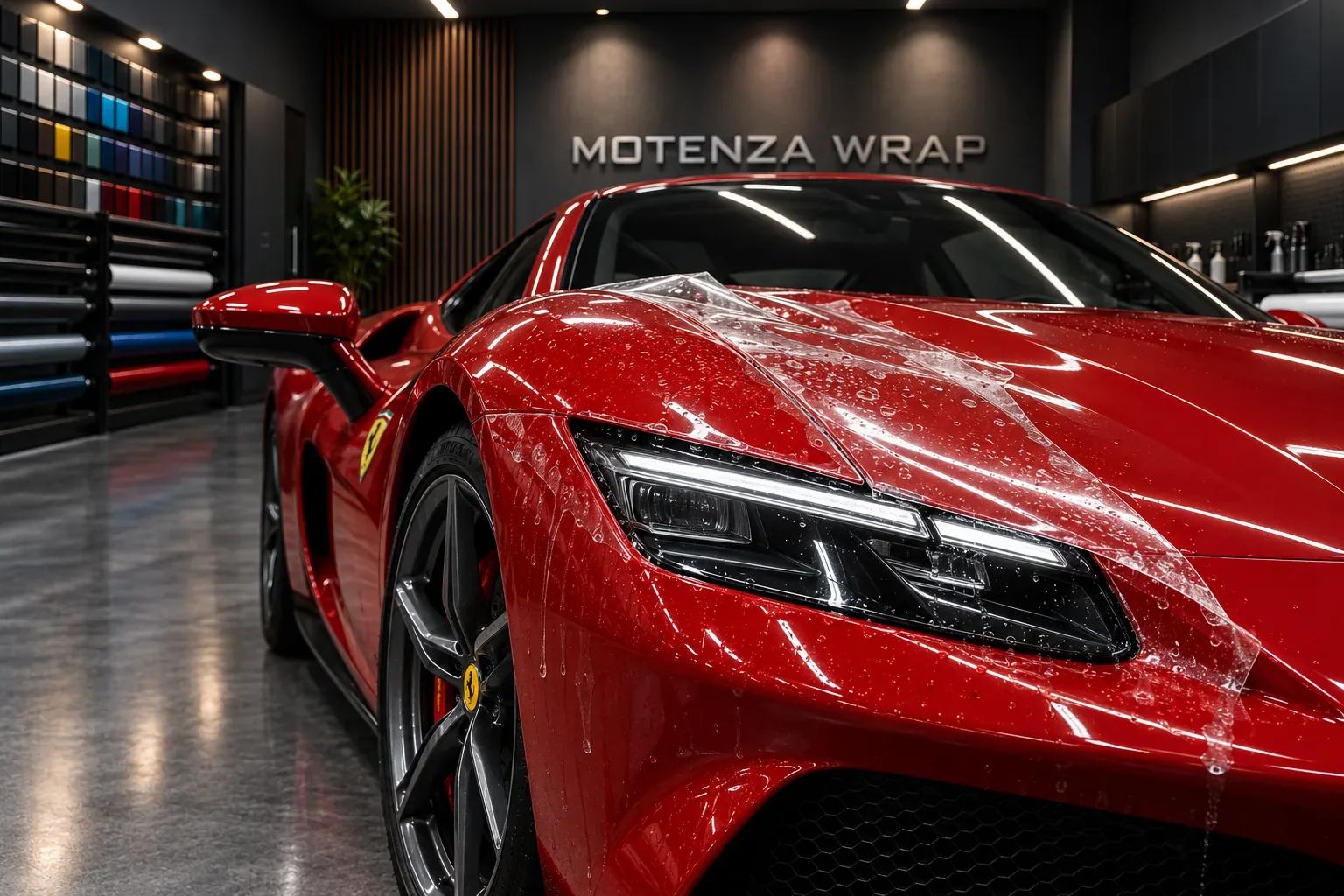 Transparent paint protection film shown over a red Ferrari front fender