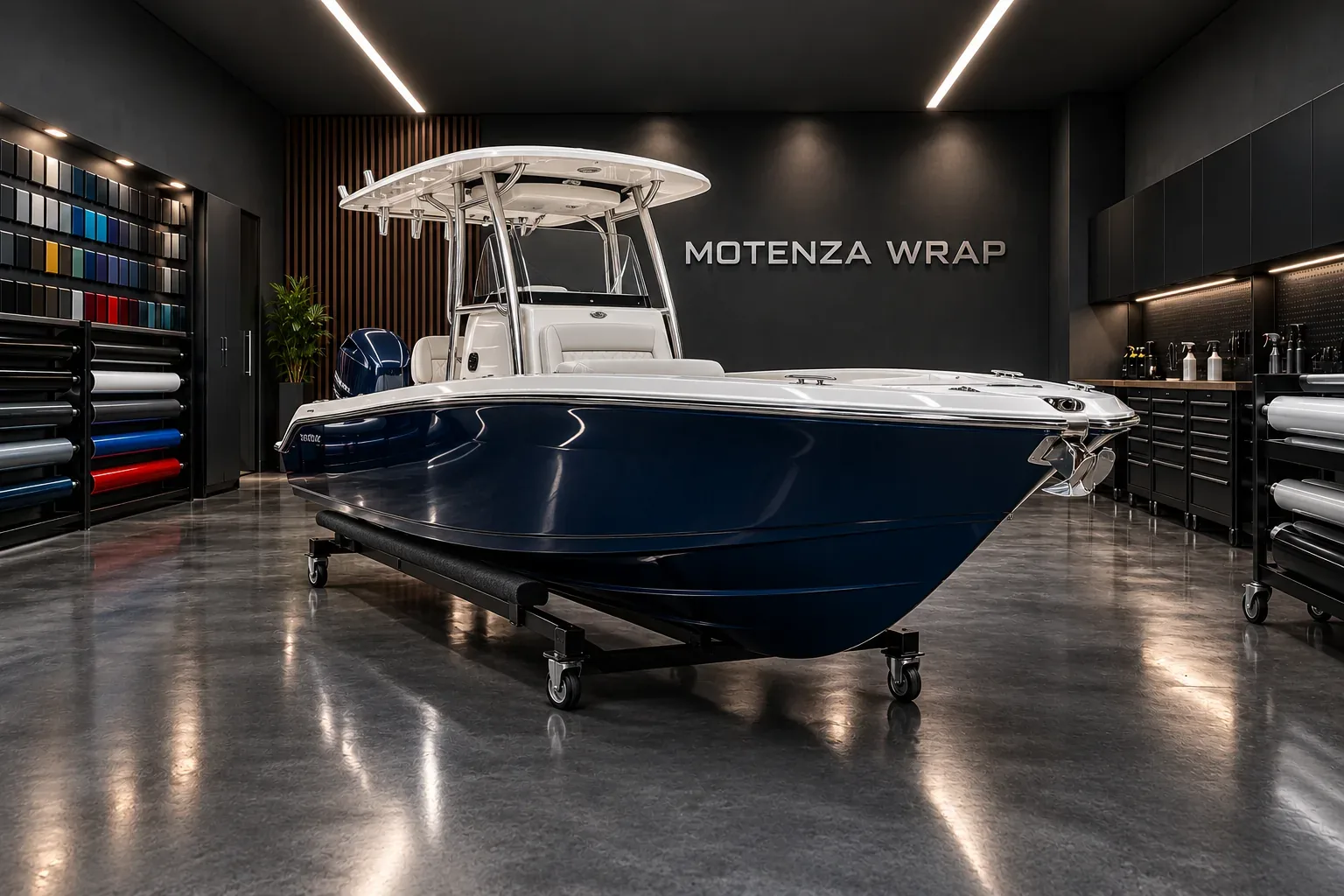 Navy-blue center-console boat hull on a cradle in Motenza Wrap’s marine imagery