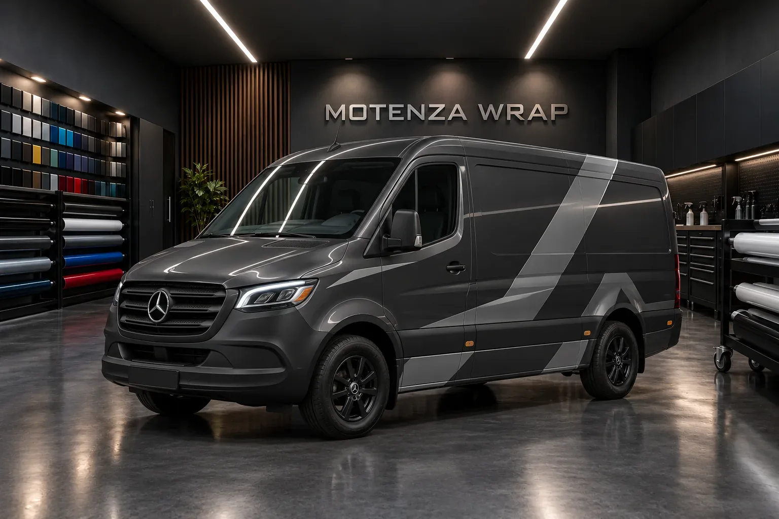 Graphite Mercedes-Benz Sprinter with silver graphics on the Motenza Wrap commercial service page