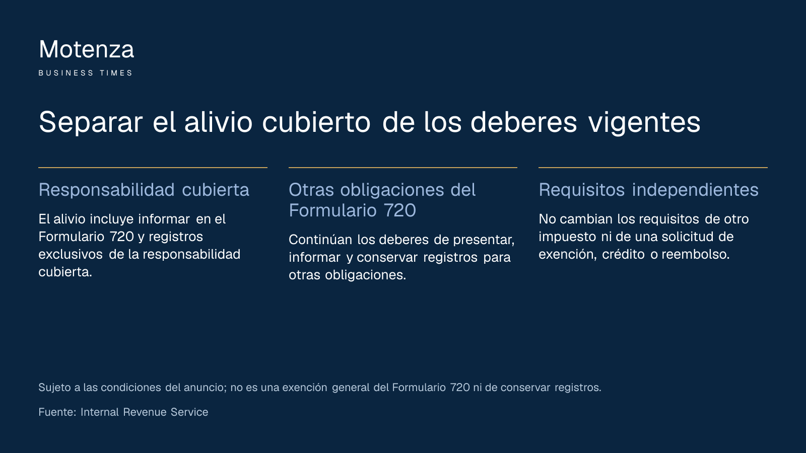 Separar el alivio cubierto de los deberes vigentes. Responsabilidad cubierta: El alivio incluye informar en el Formulario 720 y registros exclusivos de la responsabilidad cubierta.; Otras obligaciones del Formulario 720: Continúan los deberes de presentar, informar y conservar registros para otras obligaciones.; Requisitos independientes: No cambian los requisitos de otro impuesto ni de una solicitud de exención, crédito o reembolso.